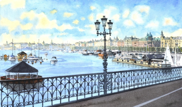 Reproducerad akvarell/giclée - Utsikt från Djurgårdsbron mot Strandvägen